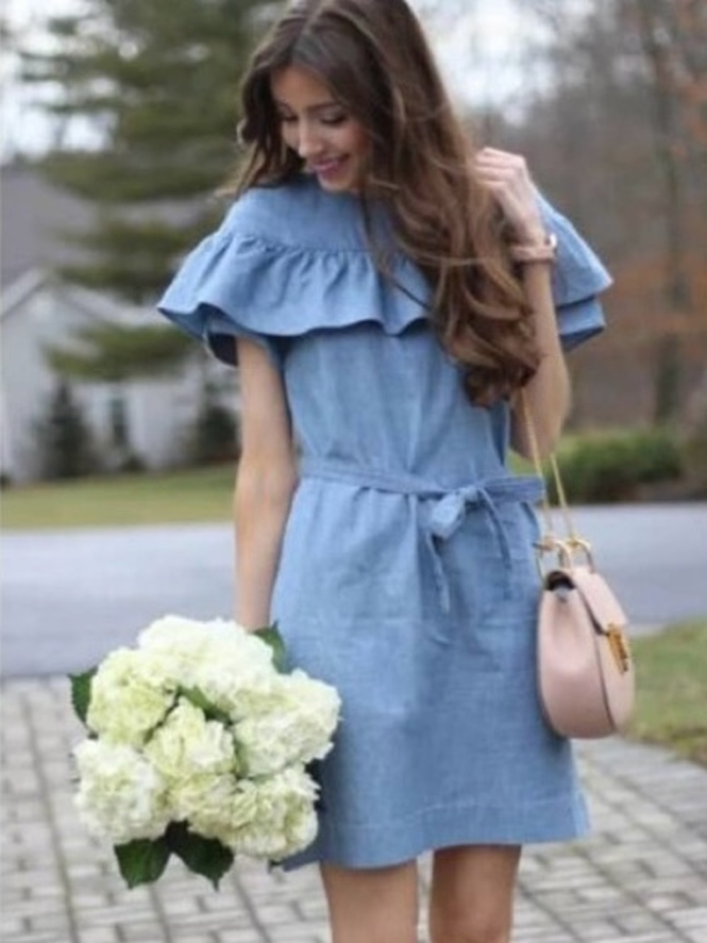 J. Crew Edie Chambray Light Blue Ruffle Belted Dress